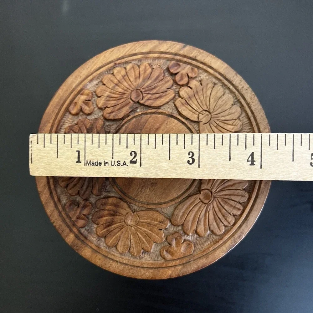 Vintage Wooden Box Floral Hand Carved Flowers Jewelry Trinket